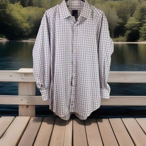 David Donahue Dress Shirt Mens 17.5 34-35 Button Up Trim White Blue Red Check